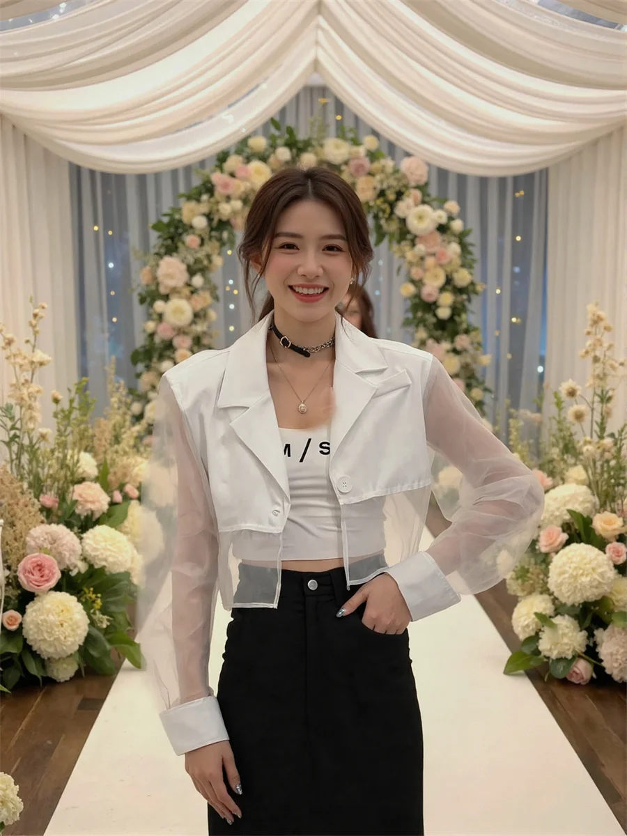 Sonnenschutz, abgeschnittene, durchsichtige Blazer mit Rückenschlitz, elegante Damenkleidung für Frauen, pastoral, geknöpft, gepunktet, College-Dye-Femme