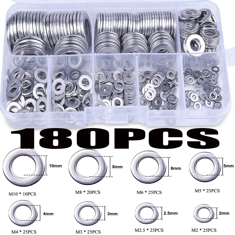 180pcs M2 M2.5 M3 M4 M5 M6 M8 M10 Stainless Steel Flat Washer Plain Washer Flat Gasket Rings Assortment Kit for Sump Plugs