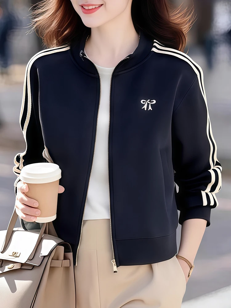 Cotton Baseball Jacket Women's Long Sleeve Striped Outerwear Spring Autumn New Fashion Anti-Aging Top Zipper Closure Straight...