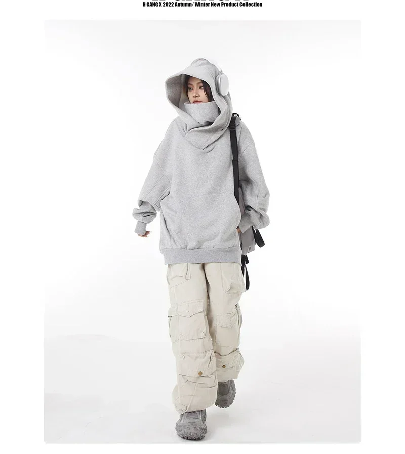 Herren-Kapuzenpullover in einfarbiger Ausführung, im Ninja-Stil, Vintage-Sweatshirt mit Fleece-Futter, japanischer Hip-Hop-Streetwear, Oversize-Modell, große Größe, mit Kapuze. – Detail 2