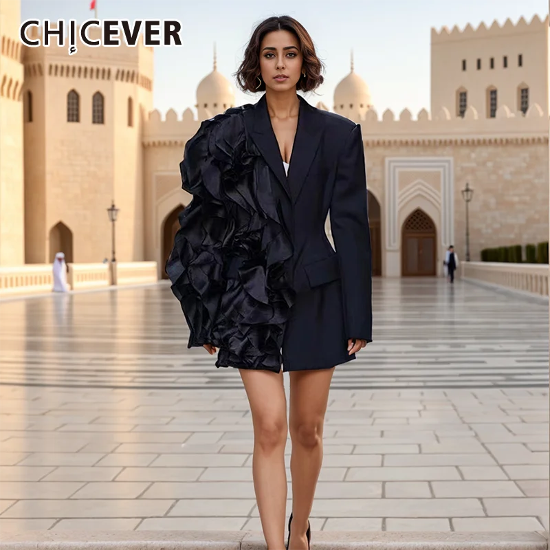 CHICEVER Solid Spliced Ruffles Chic Blazers For Women Long Sleeve Patchwork Button Asymmertrical Design Fashion Coat Female New