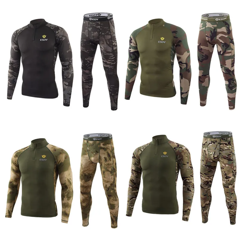 Men's Sport Camouflage Sports Thermal Underwear Suits Outdoor Hiking Cycling Jersey Fleece Thermal Underwear Frog Suit