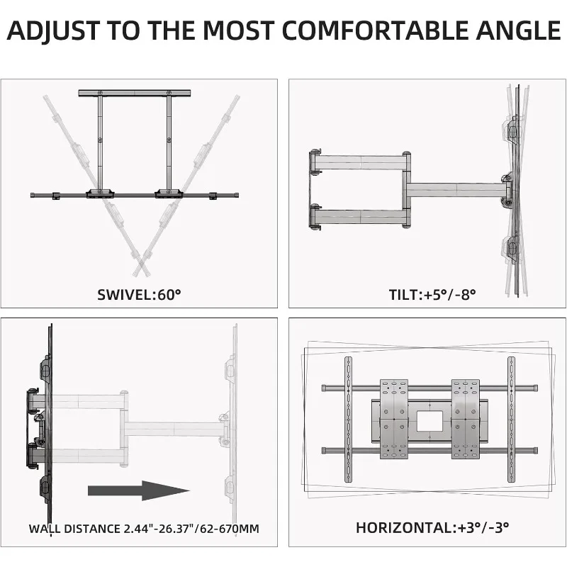 98 100 تلفزيون جدار جبل 86 90 105 110 120 بوصة كامل الحركة قوس شاشة كبيرة الثقيلة Led قابل للتعديل توضيح حامل ماكس