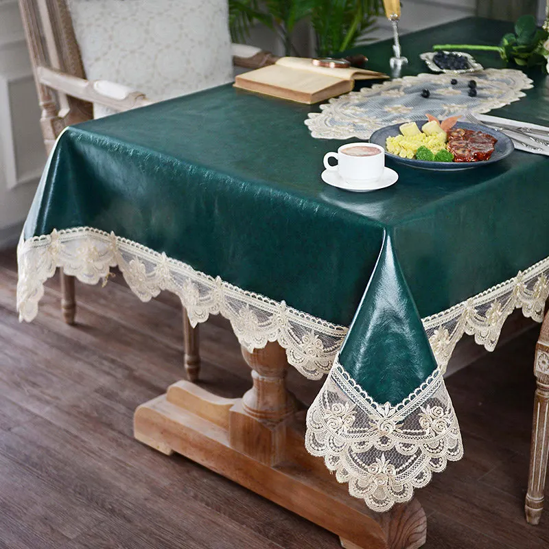 PU Leather Table Cover for Dining Table, Waterproof, Embroidered Lace, Oil Proof, Coffee Table Cover, Party Events