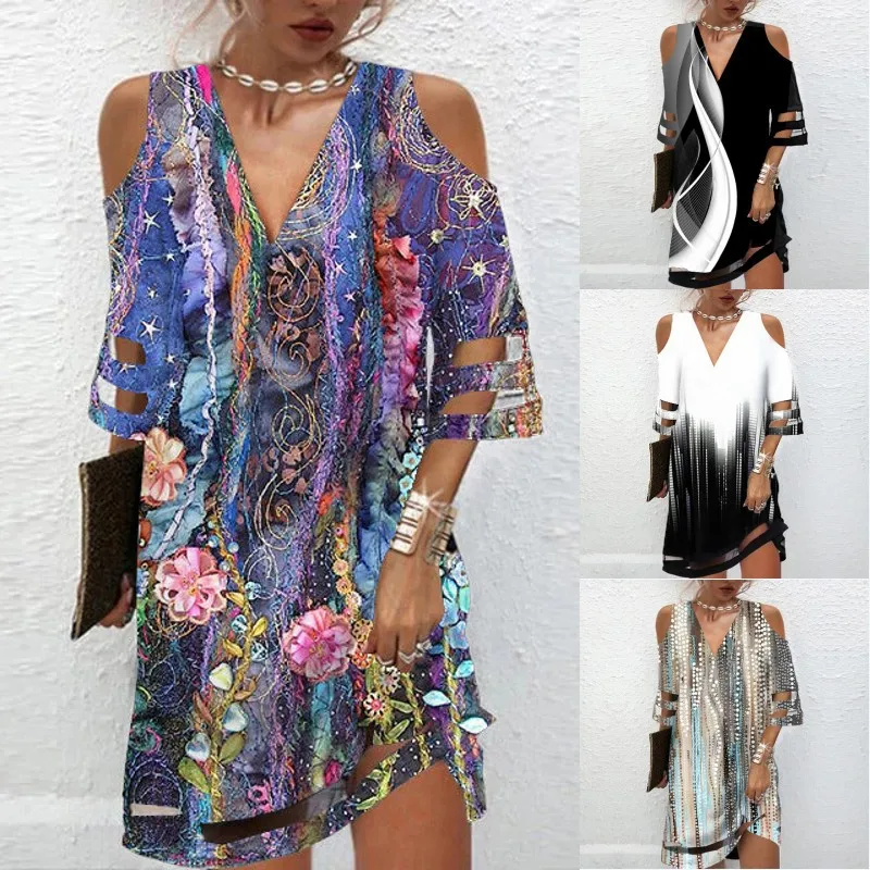 2025 Summer New V-neck Positioning Flower Mesh Short-sleeved Dress Fashion Women's Clothing