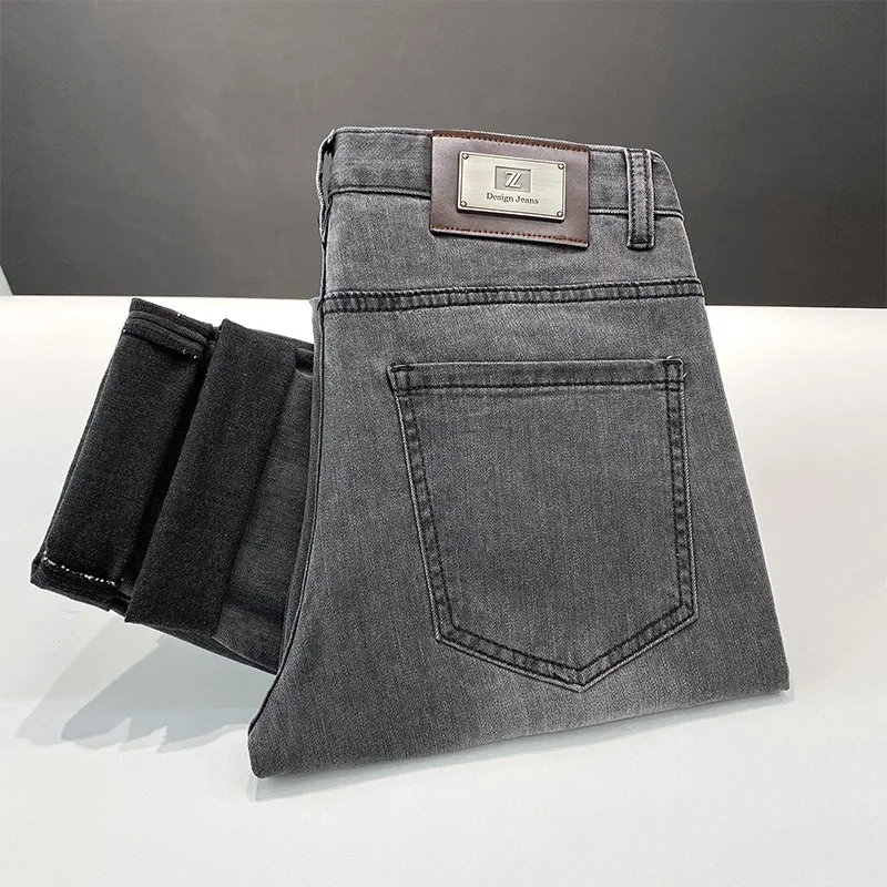 Summer Thin Black Gray Jeans Men's Slim Fit Feet Simple and High-End Men's Stretch Comfortable Breathable All-Matching Long Pant