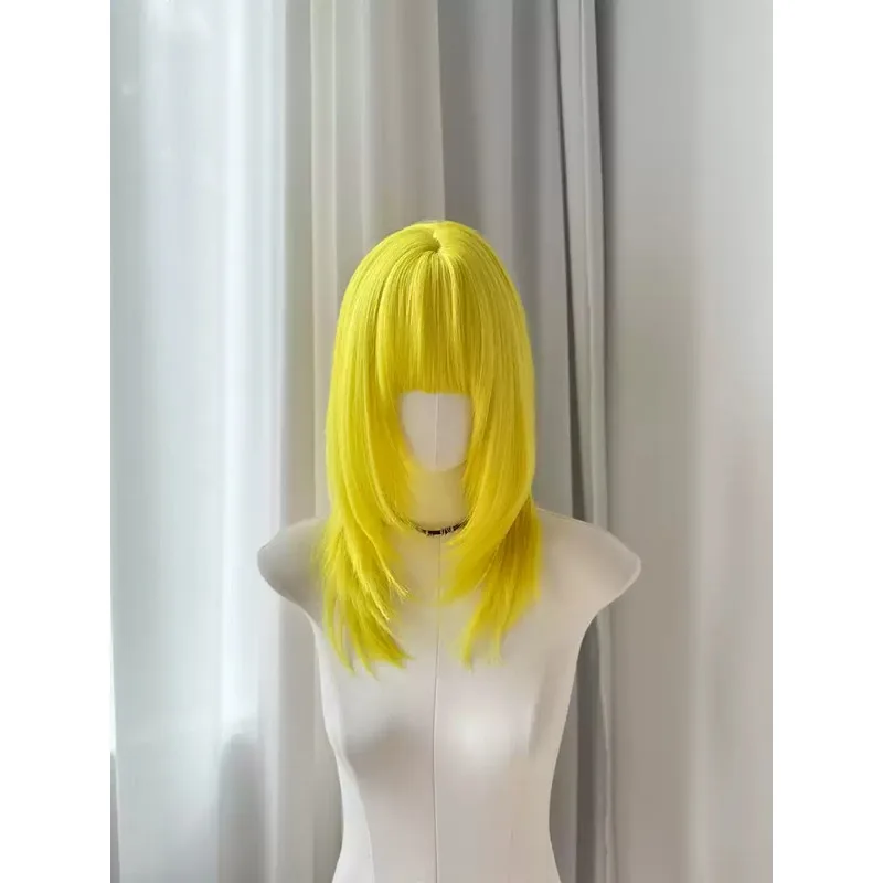 Bright Lemon Yellow Wig Japanese Lolita JK Style Short Long Straight Curly Hime Cut Synthetic Hair Cosplay Wig with Wig Cap