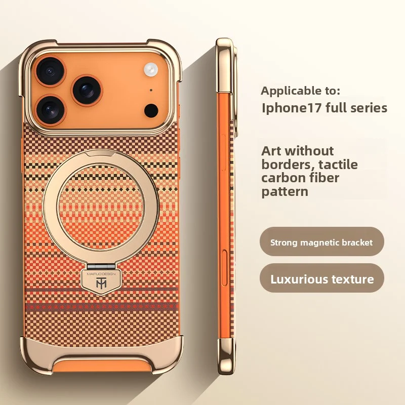 Capa magnética de couro para iphone 17 pro max 17air, design sem borda, revestimento premium, textura de fibra de carbono, capa com suporte