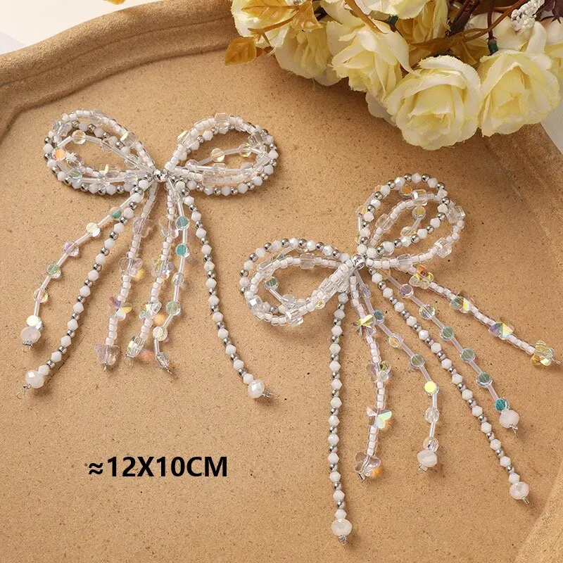 

New Clear Glass Beads Beaded Bowtie Accessories 4pcs Vintage Wholesale Big Bow Sewing Embellishment Wedding Ornament Supplier