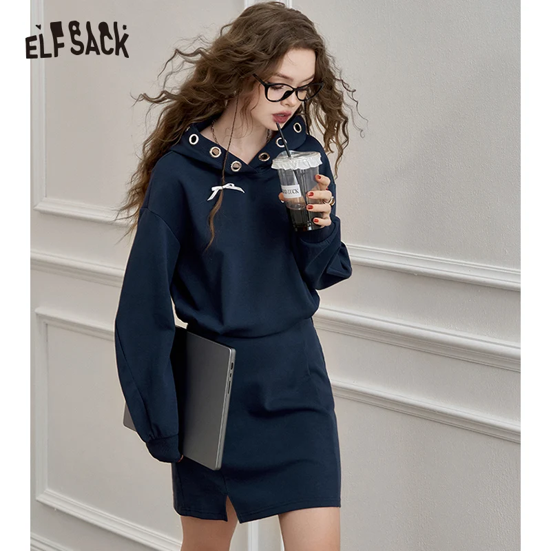 

ELFSACK 2024 Autumn New Arrive Hooded sweatshirt casual dress for women A small waist slimming skirt