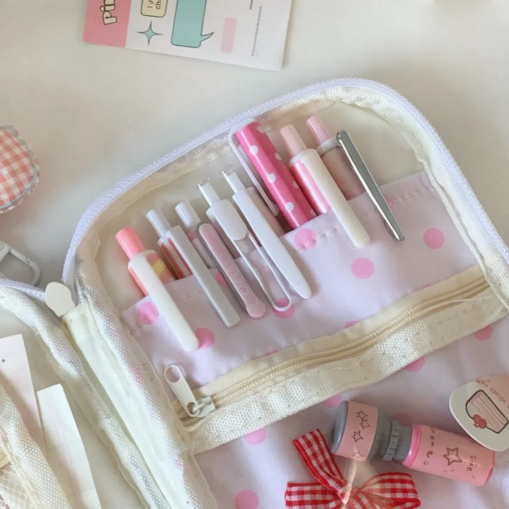 Transparent Display Window Pain Bag Stationery Organizer Portable Fabric Pen Case Aesthetic Dot Pattern Makeup Pouch