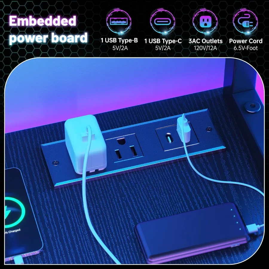 مكتب ألعاب على شكل 55 لترًا مع مصابيح LED مدمجة ومنافذ كهربائية مدمجة بتصميم زاوية قابلة للعكس تتميز بقابل للتعديل