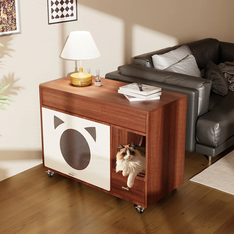 Solid wood cat litter box cabinet - splash-proof, sand-trapping, enclosed design
