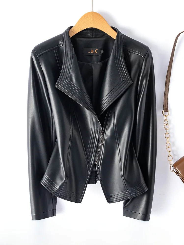 

New Arrival Genuine Leather Jacket Women's Short Slimming Motorcycle Biker Coat Waist Cinched Sheepskin Slim Fit High End