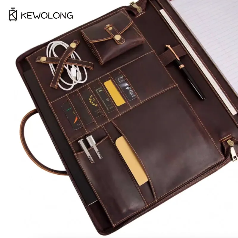 حقيبة كمبيوتر محمول جلدية عتيقة مقاس 15.6 بوصة مع حجرة مجلد الملفات، حقيبة حمل عمل متعددة الوظائف للأعمال