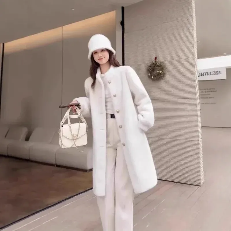 Stand Up Faux Mink Fur Coat Leather and Fur Women's Furry Jackets Winter Thick Loose Plush Coats Long Sleeves Warm Fluffy Jacket