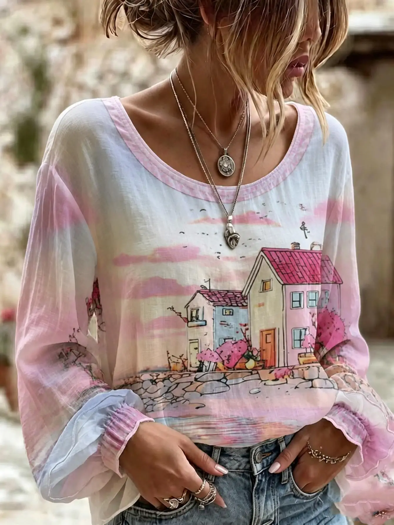 Blusa de talla grande para mujer, estampado 3D, manga larga, corte holgado, estilo casual boho, tipo túnica.