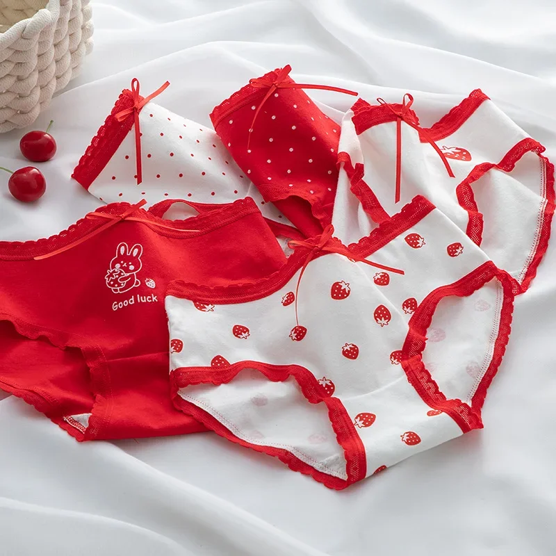 الفراولة الحمراء المطبوعة القطن سراويل المرأة منتصف الخصر ملخصات مثير الملابس الداخلية الإناث الملابس الداخلية مريحة السيدات جذوع