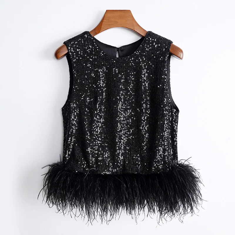 Fur Tops Women 2023 New Celebrity Luxury Unique Design Sequins Tank Tops Female y2k Detachable Ostrich Feather Splice Camisas