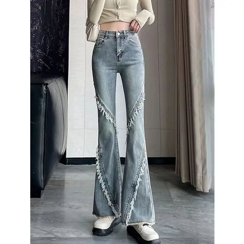2026 Spring American Raw-edge Micro Flared Jeans for Women High Waist Slim Fit and Slimming Horseshoe Flared Pants Skinny Jeans