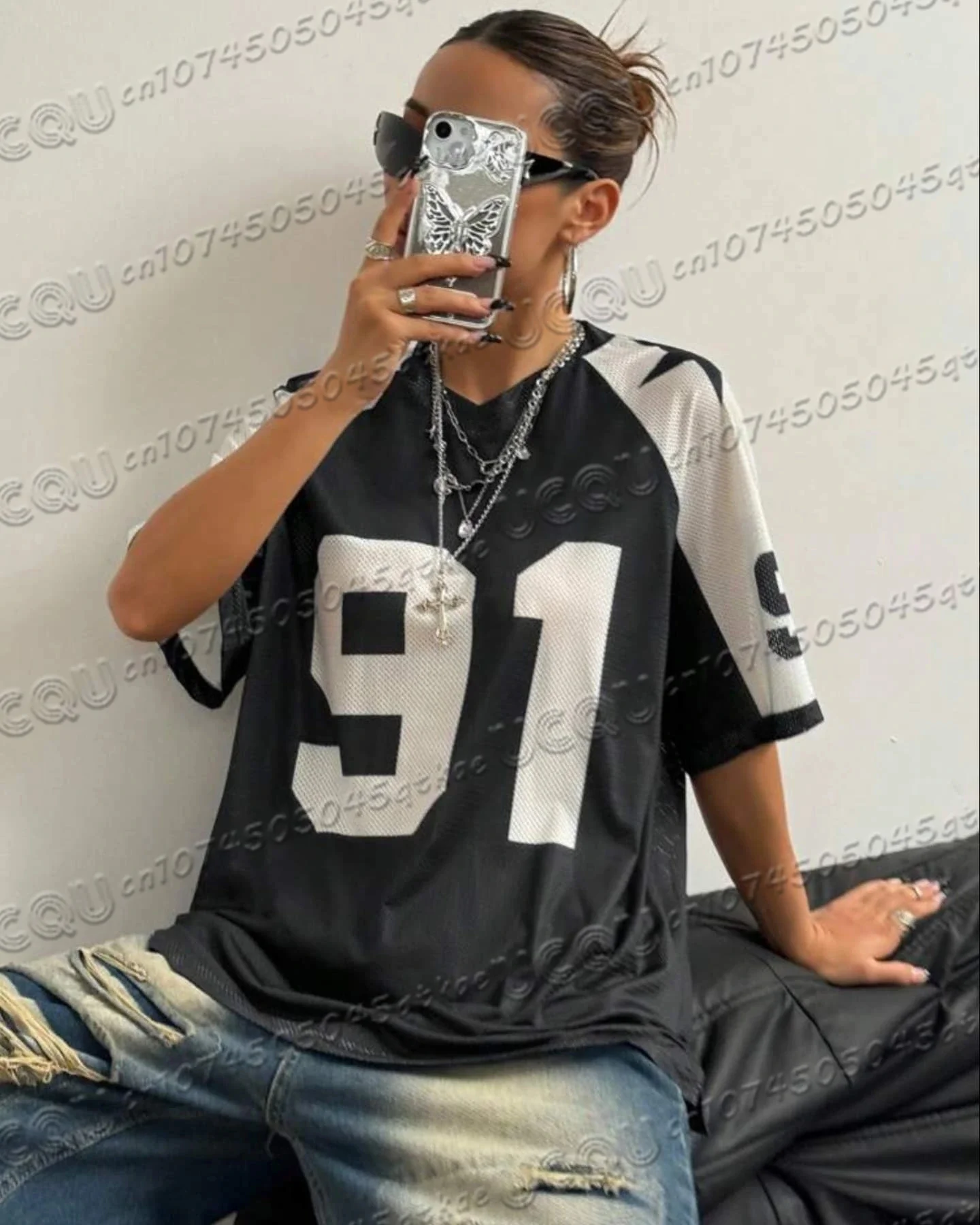 女性特大 Tシャツ V ネック半袖夏パッチワークスピード 91 プリントストリートトップスカジュアルサッカージャージ Y2k Tシャツ