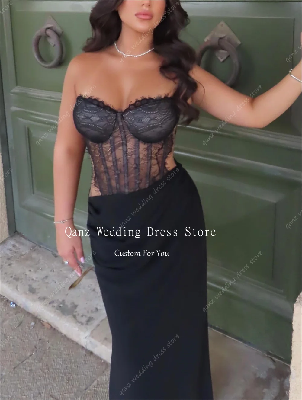 Qanz Zwart Kant Applicaties Avondjurken Zeemeermin Satijn Sexy Party Gown Vrouwen Sweetheart Backless Vestidos De Noche Aangepast