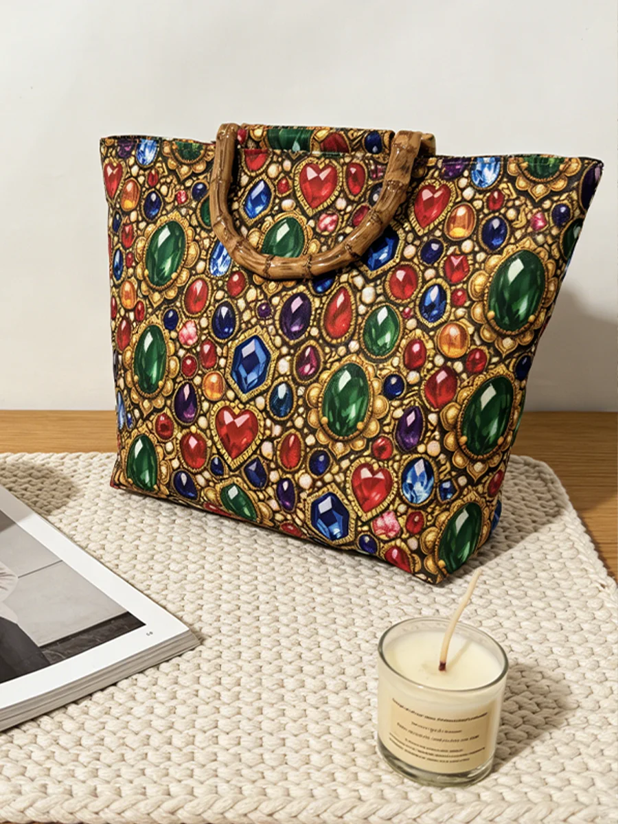 2D Damen Vintage Einkaufstasche mit Edelstein-Print und Großer Kapazität, mit Imitations-Bambusgriff, Leichte Luxus-Handtasche – Detail 4
