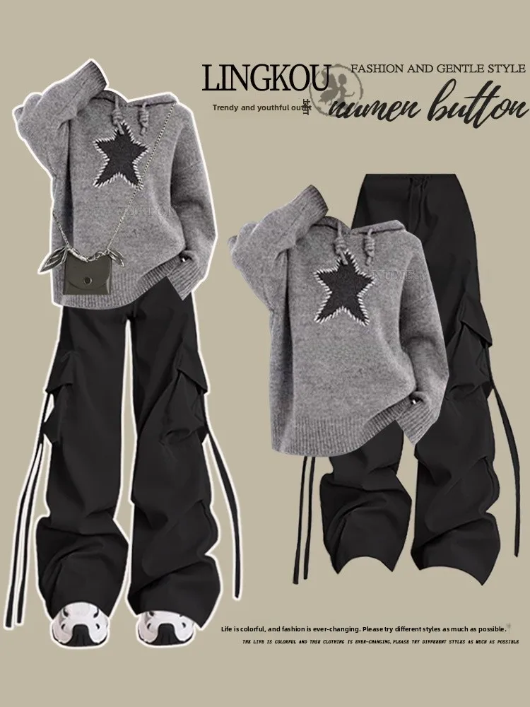 

plus Size Autumn Casual Sportswear Set Women Loose Hoodie Knitwear High Waist Slimming Workwear Pants Two Piece Set