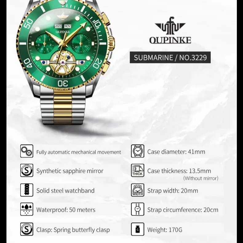 OUPINKE 3229 Original Automatic Watch for Men Diving Series Waterproof Flywheel Skeleton Luxury Brand Business Dress Wristwatch