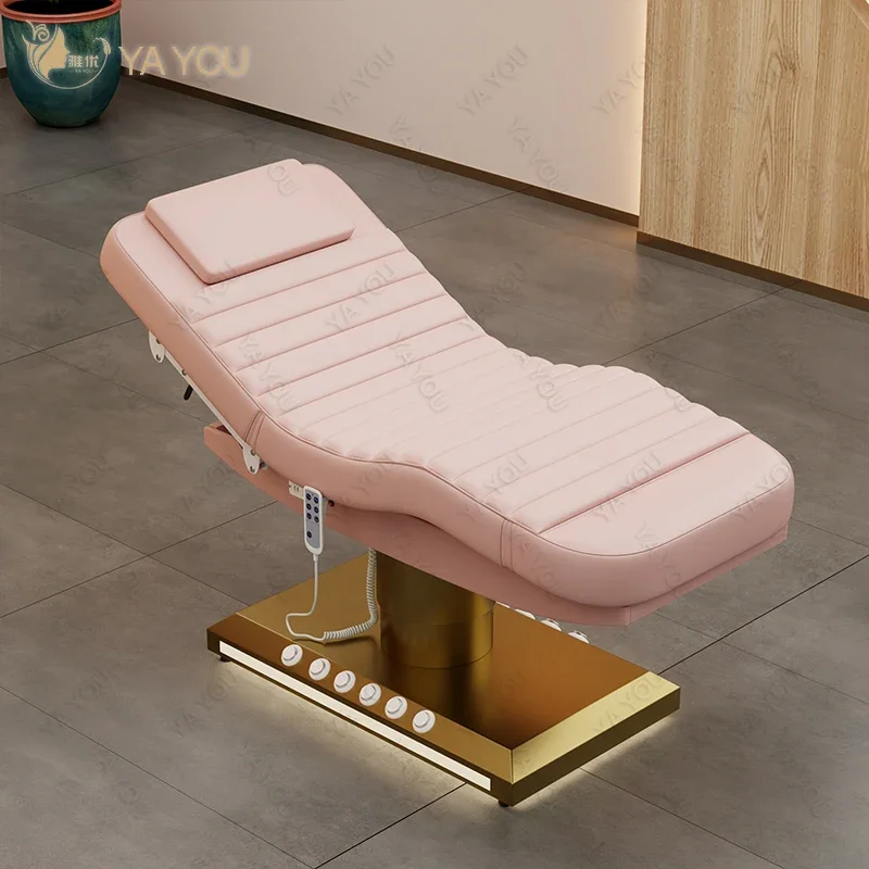 Lit de spa de luxe en cuir rose touffeté avec éclairage LED, équipement de beauté pour salon, table cosmétique électrique, lit de massage, 3 moteurs, or