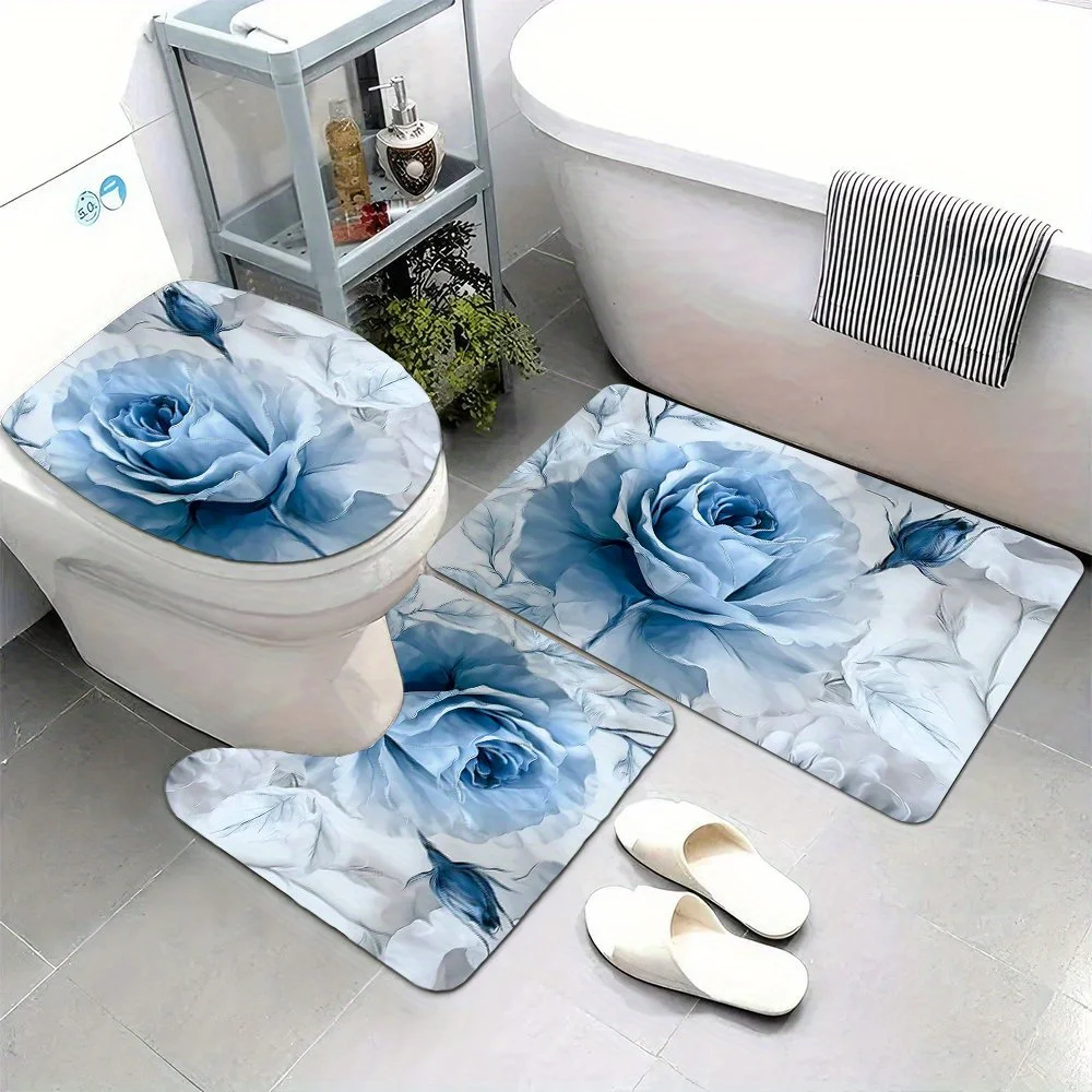 

3pcs Ultra-Soft Blue Rose Bathroom Mat Set - High-Quality Flannel, Soft & Comfortable, Includes Toilet Seat Cover & Bathroom Mat