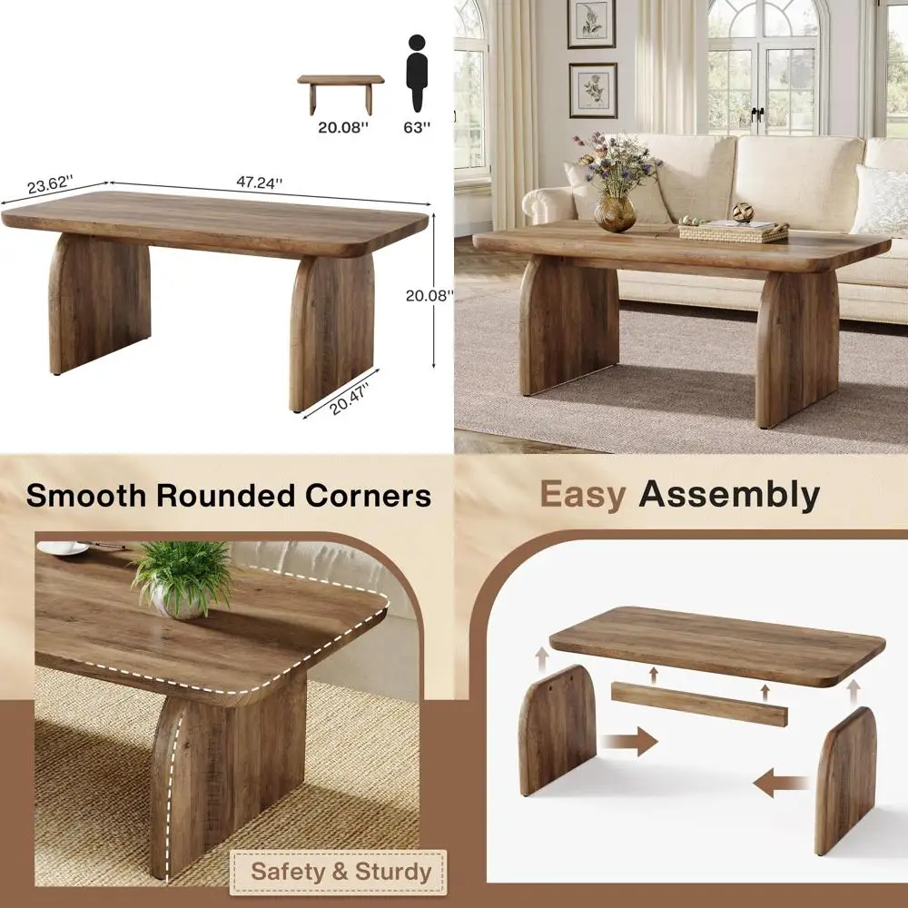 

47, журнальный столик из коричневого дерева в деревенском стиле, центральная часть гостиной с прочным основанием и закругленными краями, простая сборка