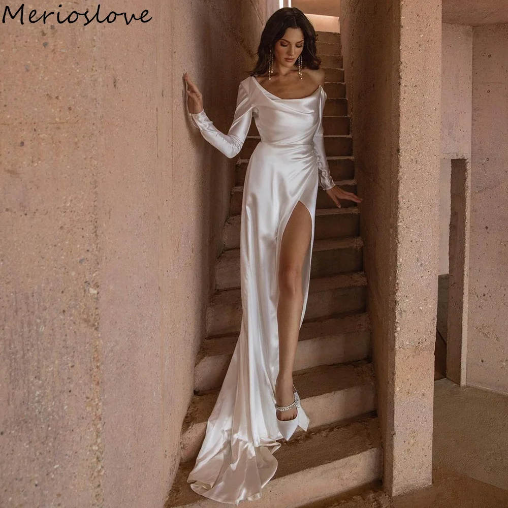 Merioslove Simple Crepe Mermaid Wedding Dresses Long Sleeves Side Split Beach Bride Dress Minimalist Bridal Gowns 2024