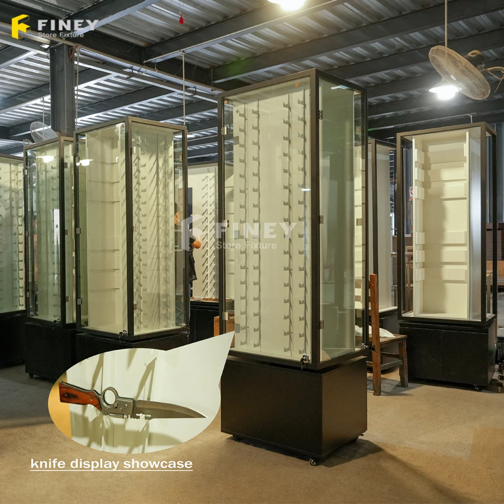 

Customized Showroom Japanese Knives Acrylic Display Retail Store Cabinet Rotating Wooden Knife Display Case