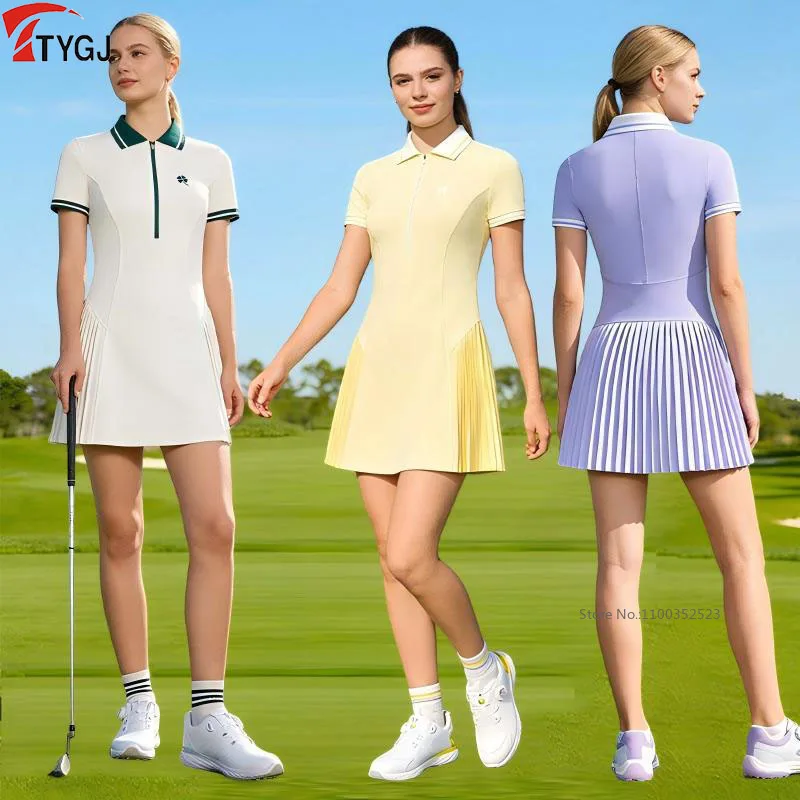 TTYGJ Sports Tennis Golf Dress Women Short Sleeve Zipper Collar Polo Dresses with Shorts A-lined Pleated Slim Golf Skirt New