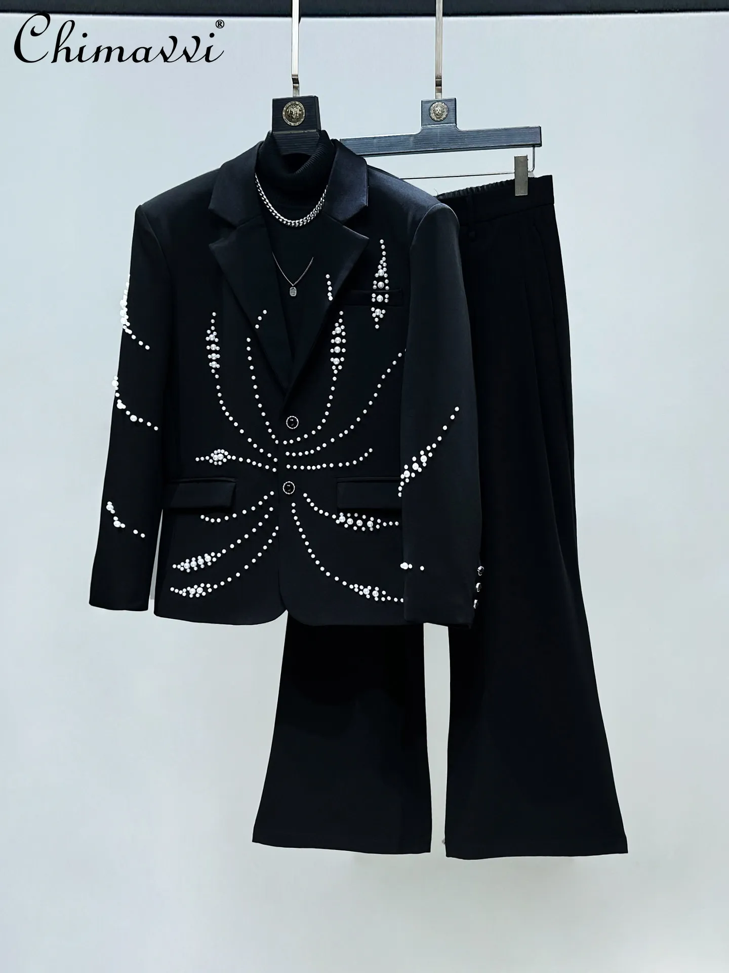 

Original American Fashion Retro Beaded Suits Sets Men 2026 Spring Single-Breasted Black Blazer High Waist Trousers Two-Piece Set