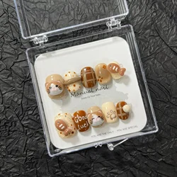 Autumn and Winter Warm Brown Press On Nails Handmade Cute Kitten Eating Fish Short Round Wear Fake Nail Patches Removable