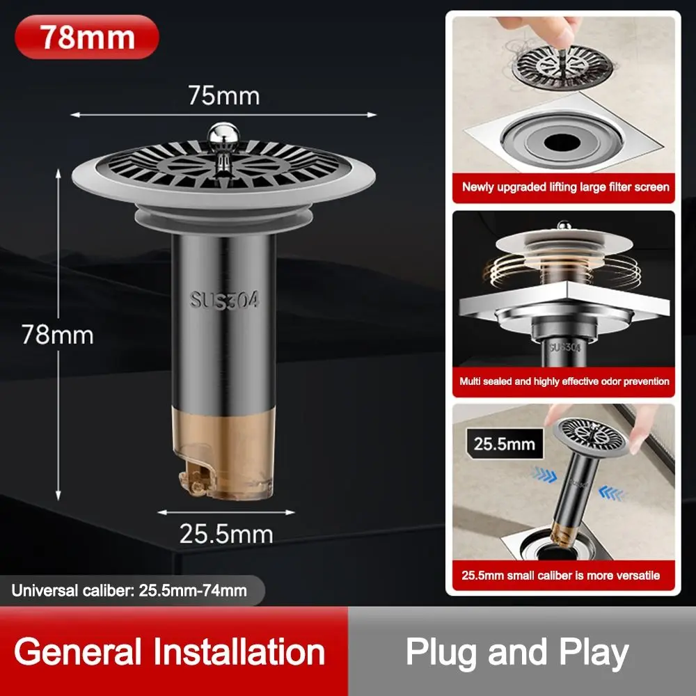 Stainless Steel Odor Proof Drain Core Hair Catcher Insect Proof Kitchen Sewer Sealing Ring Bathroom Drain Plug