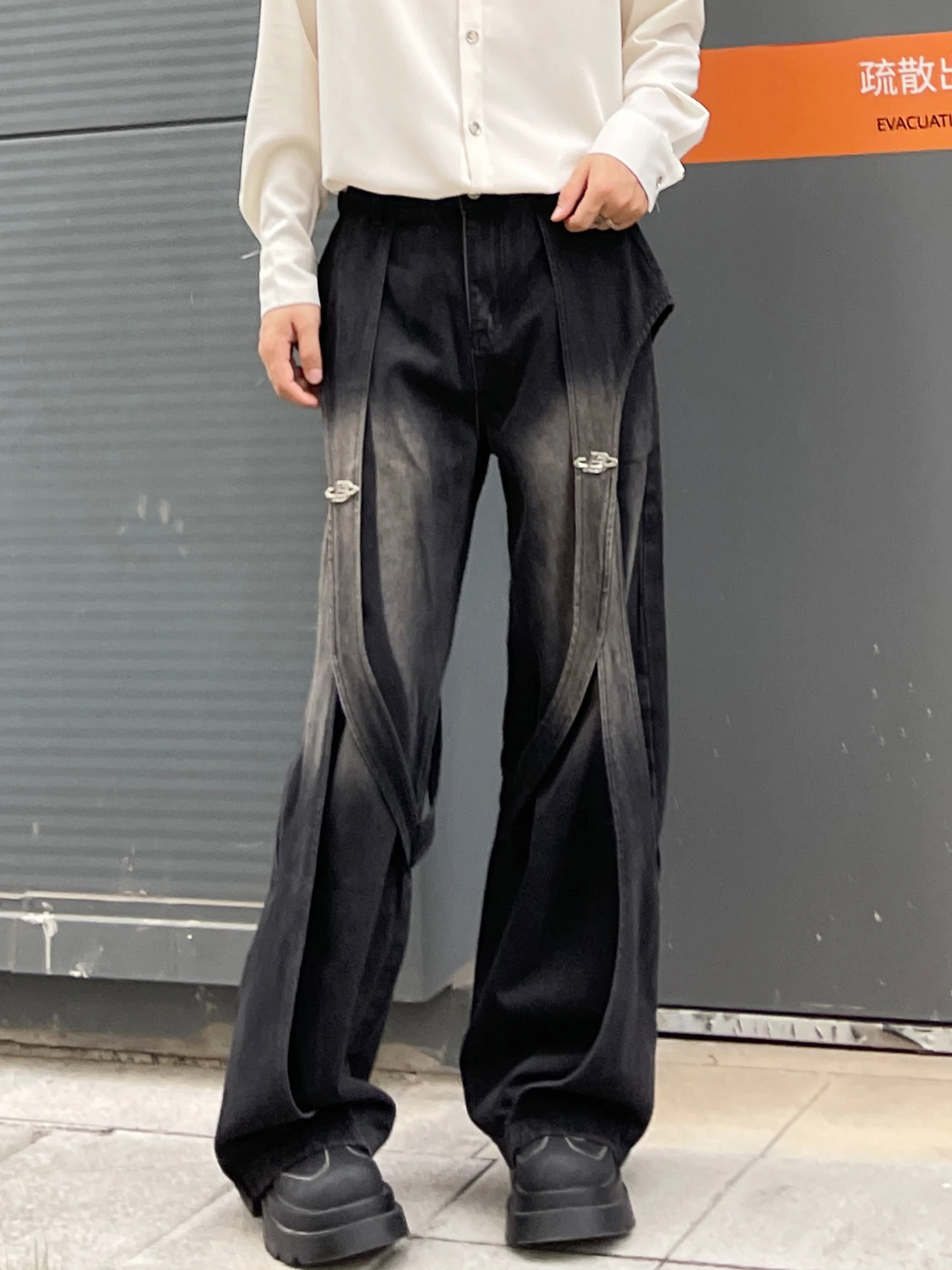 American Retro High Sense Gradual Change Splicing Black Jeans Men's Design Sense Trend Loose Scimitar Pants