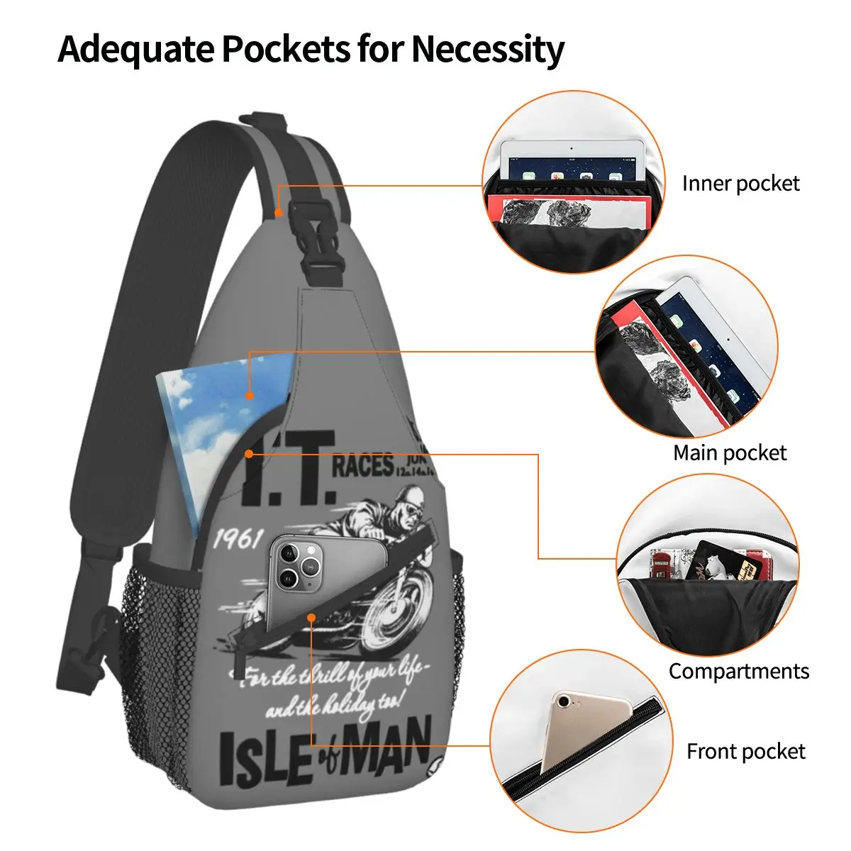 Isle Of Man TT Poster 1961 Small Sling Bags Chest Crossbody Shoulder Backpack Outdoor Sports Daypacks Cool Bag