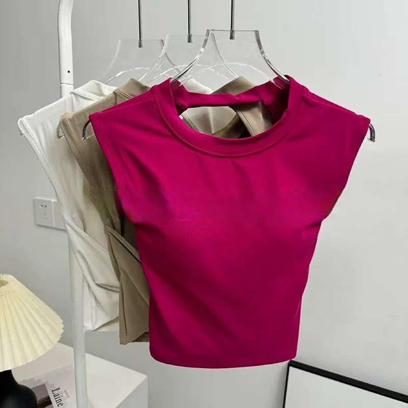 Sexy Short Backless Fixed Chest Pad Sports T-shirt Vest Women's Tight Fitting Quick Drying Slimming Yoga Suit Top Clothing image 3