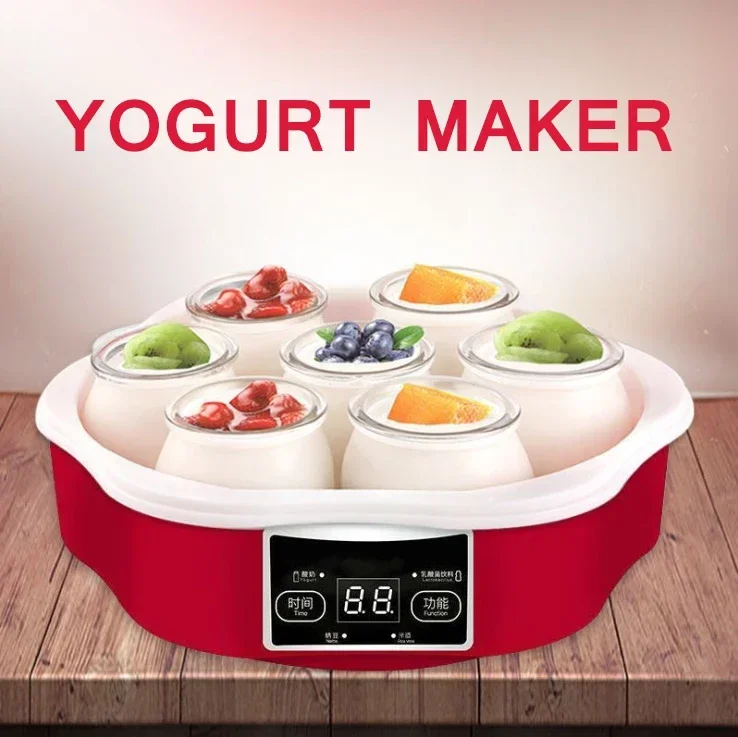 유리 컵이 있는 자동 요구르트 기계, 스테인리스 스틸 라이너, 나토 라이스 와인 메이커, 디지털 패널, DIY 요구르트 도구, EU