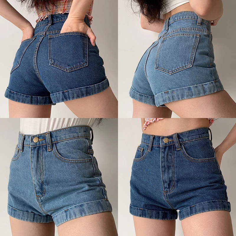 Classic American Retro High Waist Shorts Women's Summer Slimming Hot Pants Versatile Flip- Wide Leg Jeans Short Pants