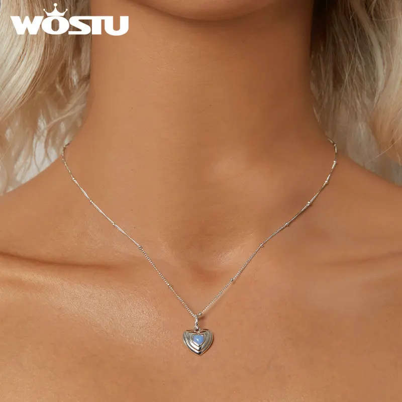 WOSTU Original 925 Sterling Silver Luminous Multi-layer Blue Heart Necklace Glow-in-dark Cross Chain Fit for Mother Lover Gift