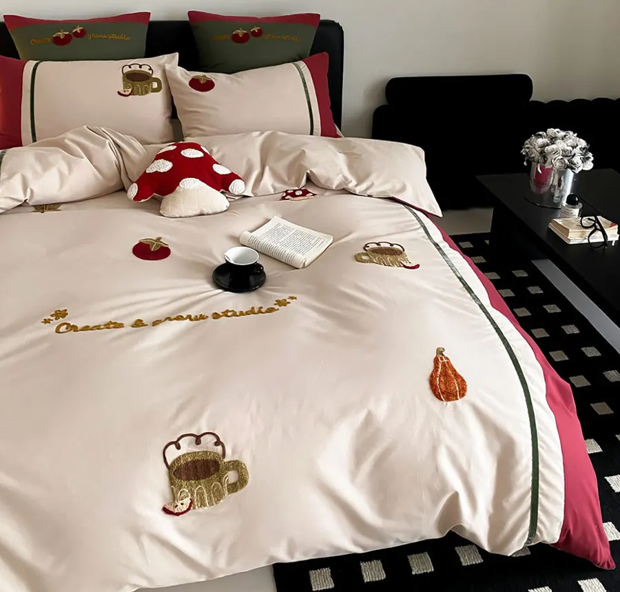 Cute cartoon pastoral red green bedding set,full queen king embroidery cotton home textile bed sheet pillow case duvet cover