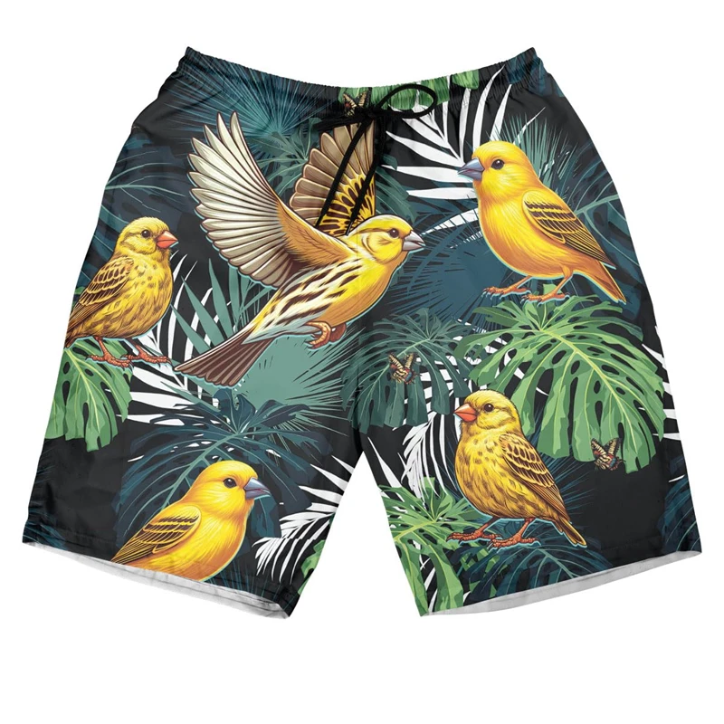 Tropical Canary Bird Quetzal 3D Printed Beach Shorts Hawaiian Birds Drawstring Lightweight Boardshorts Flamingo Peacock Bermudas