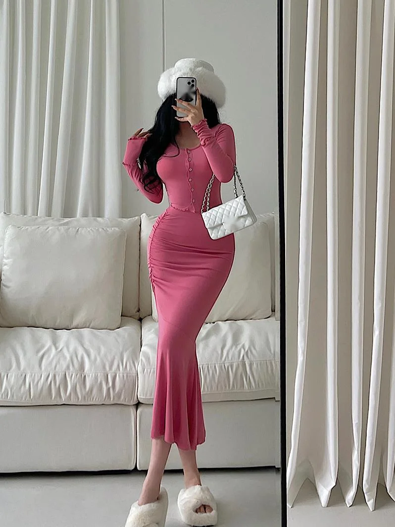 WOMENGAGA Sexy Long Sleeve Single Breasted Cardigan Tees T Shirt Top High Waist Pleated Slim Skirts Hip Fishtail Dress Set 7A9C