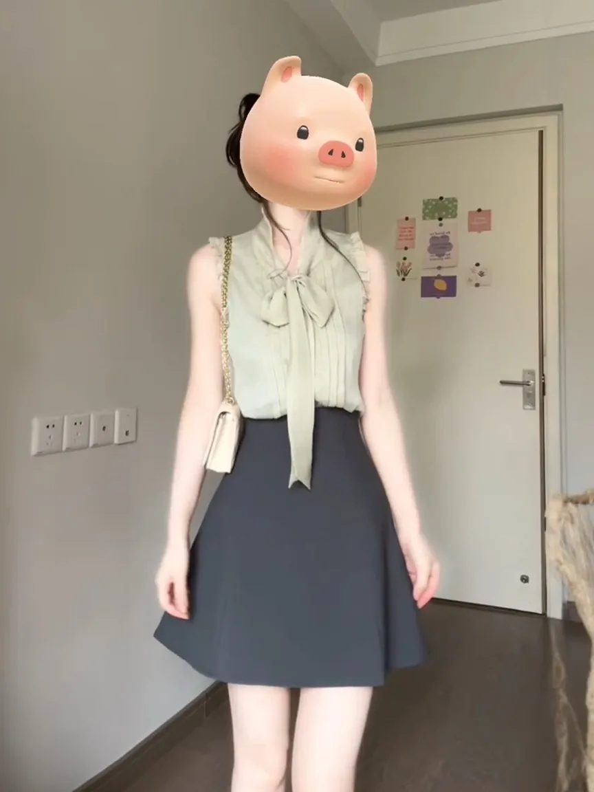 

Elegant Green Sleeveless A-Line Skirt Two-Piece Set Women's Summer Slimming Fashionable Outfit High Waist Knot