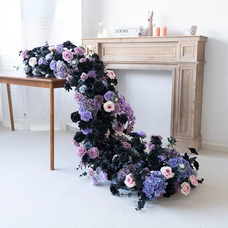 Black Purple Artificial Flowers Runner Wedding Background Banquet Table Centerpiece Flower Arrangement Birthday Party Flower Row