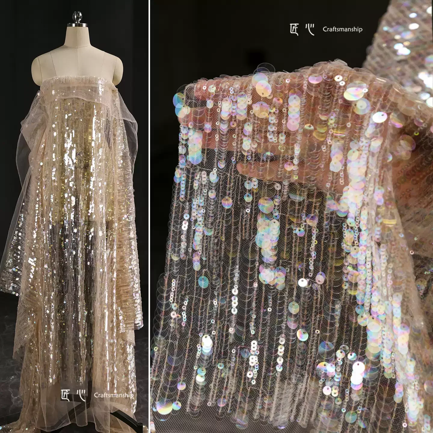 1yard Glitter Teardrop Linear Embroidery Sequin Fabric Iridescent Mermaid Scale Mesh Designer Fabric for patchwork